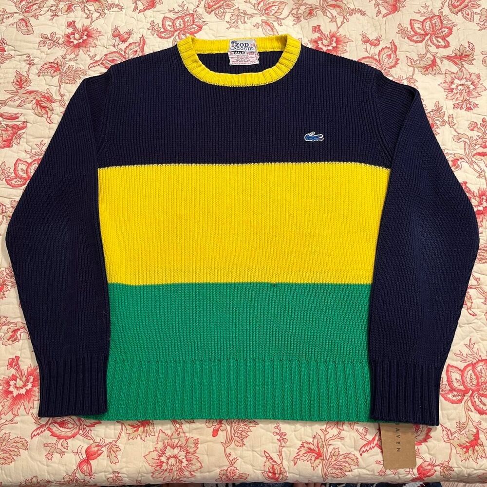 Vintage 1970s Izod Lacoste navy, yellow, and green horizontal striped sweater!